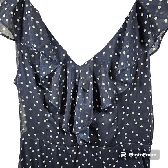 DKNY Polka Dot Dress Navy & White V-Neck Sheer Flutter Sleeves Size 10 - Picture 2 of 13